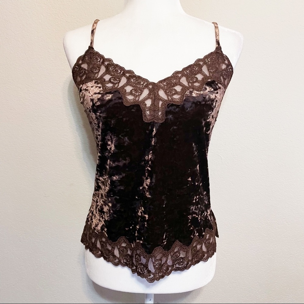 Luisa Cerano Dark Brown Crushed Velvet Lace Trim Y2K Camisole Top Size 4